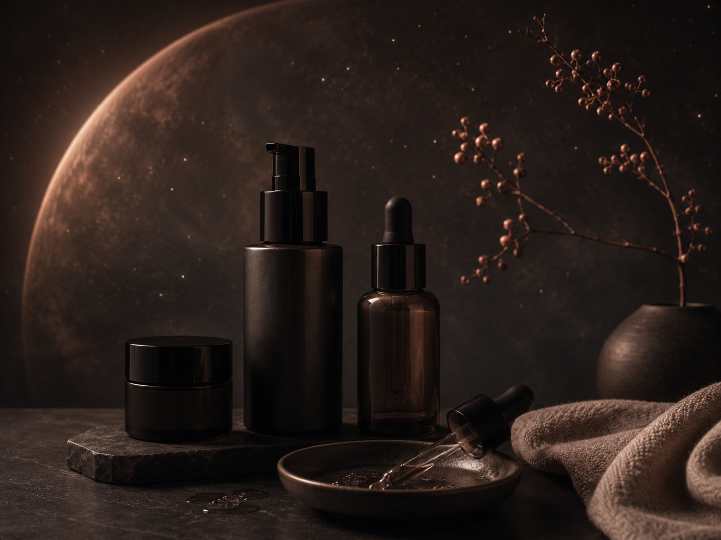 Vorn Skin barrier-care products and dropper beneath a soft celestial glow