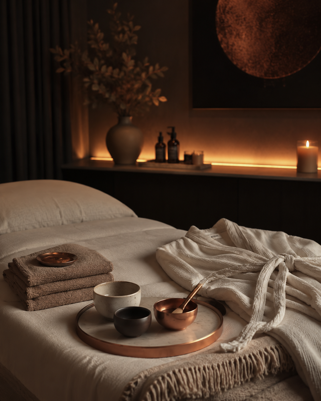 The warm, unhurried Vorn Skin treatment room with towels, tray and candlelight